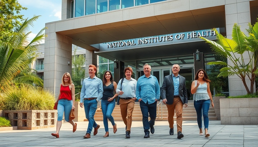 NIH workers walking past the building entrance