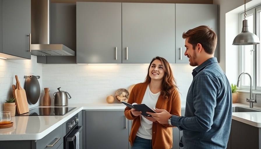 Couple discussing modern kitchen design ideas, showcasing cabinets.
