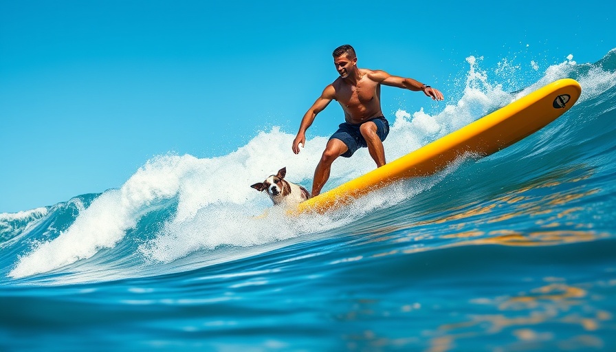 Rippin' Rosie SUP surfing with athletic man and focused dog on a wave.