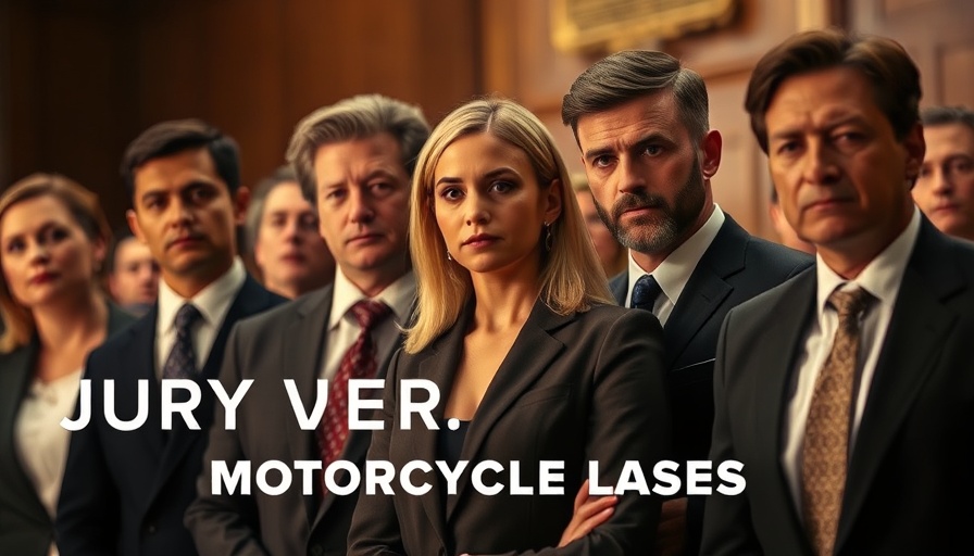 Group of people representing jurors with text on importance of verdicts in motorcycle law.