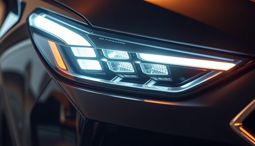 Close-up vehicle headlight with LED lights, warm glow
