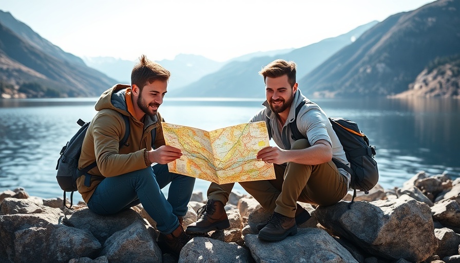 Friends studying a map by the lake, contrasting GPS navigation apps impact.