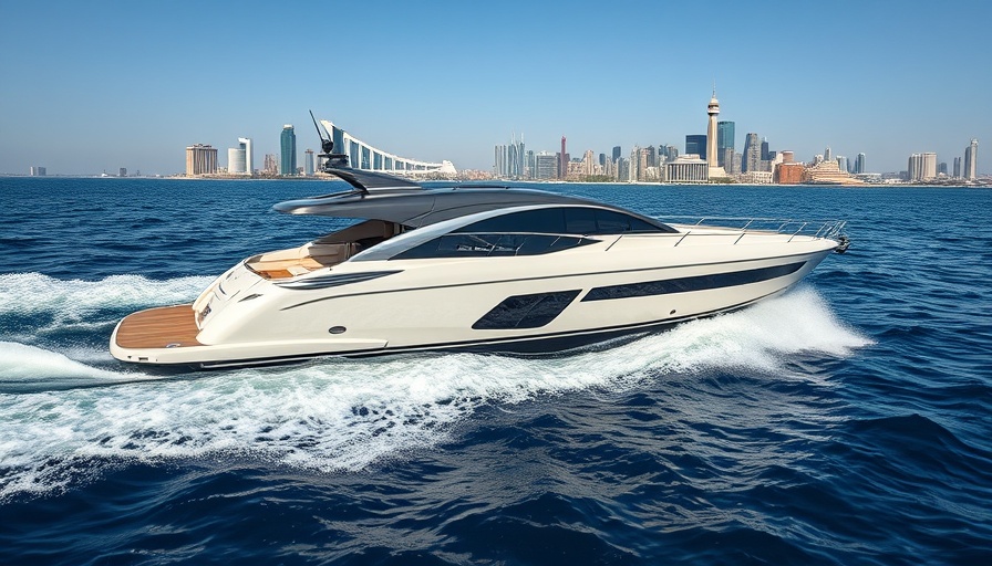 GT60 Jet Drive yacht cruising on ocean with city skyline.