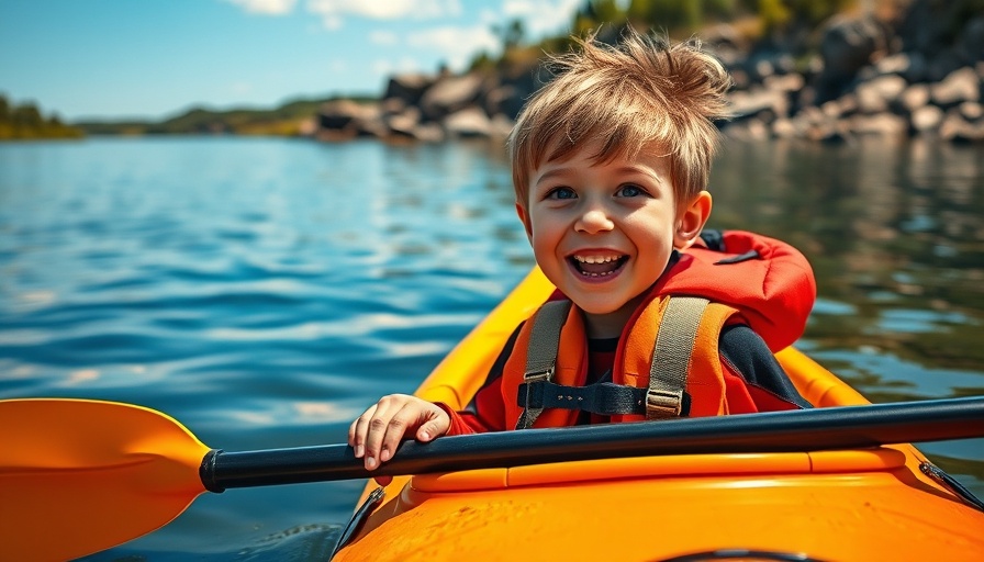 Young child in kayak on a lake, learning how to paddle.