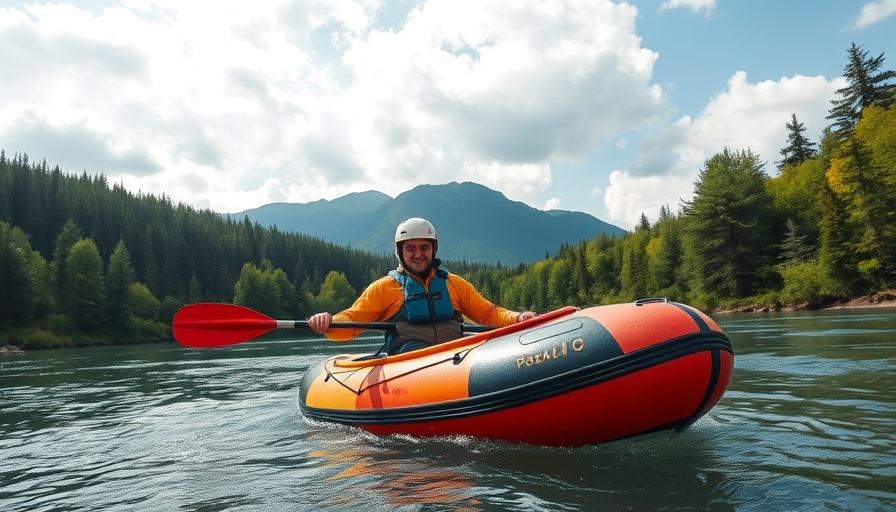 Kayaker packrafting on a scenic river with forested mountains.