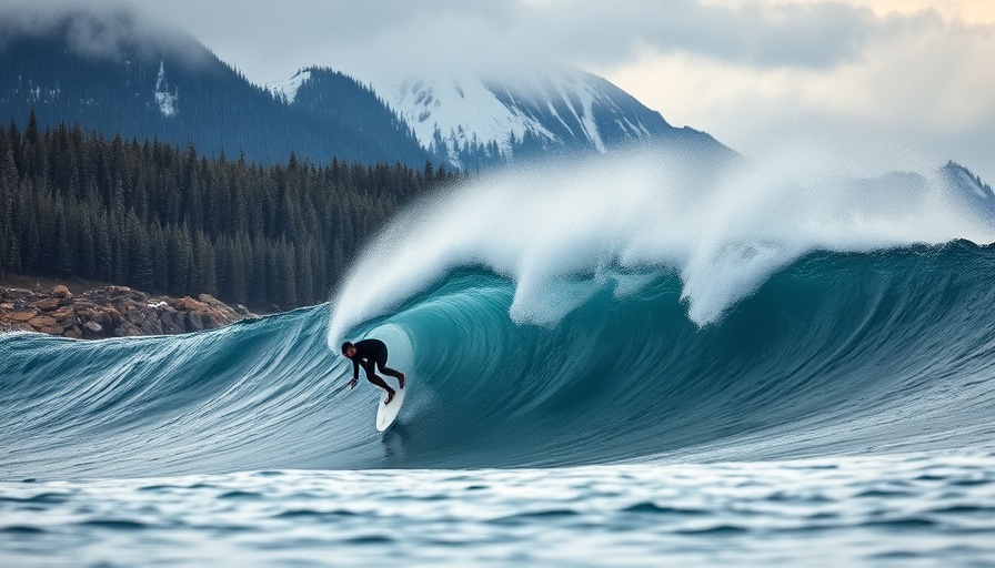 Surfer conquers wave amid Canada's majestic, misty mountains.