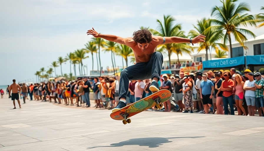 Skateboarder soaring above a crowd at a vibrant beachside event.