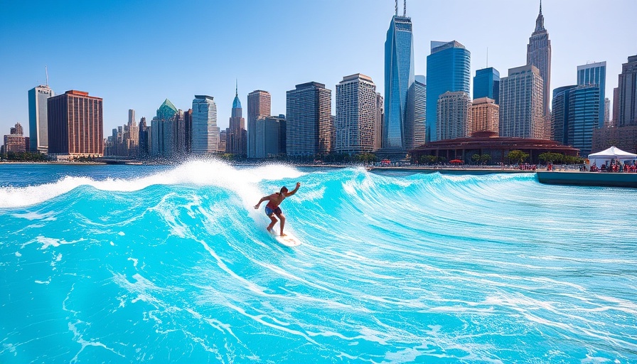 Wave pool surfing revolution with urban skyline backdrop.