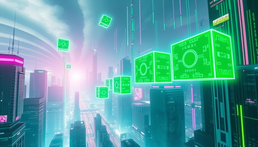 Futuristic cityscape with glowing blocks representing stolen cryptocurrency