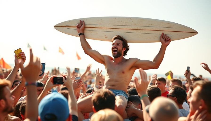 Jeffreys Bay Surf Event Results celebration with excited surfer lifted in air.
