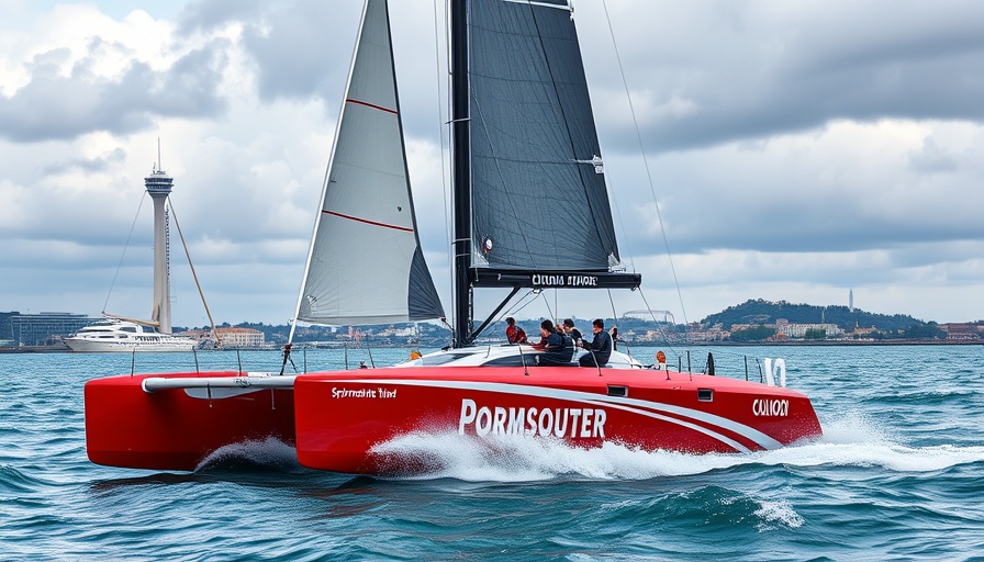 Sail GP Portsmouth red catamaran racing near Spinnaker Tower.