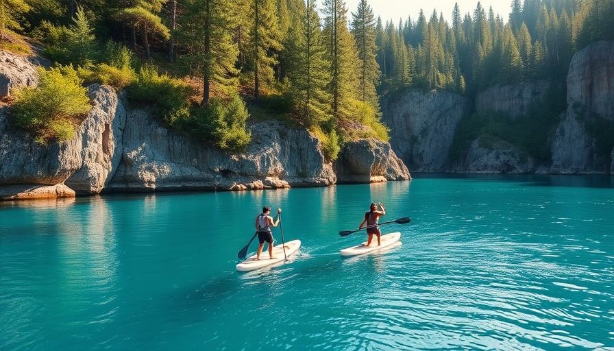 Paddleboarding in Östra Silverberg Mine amidst pine trees and cliffs