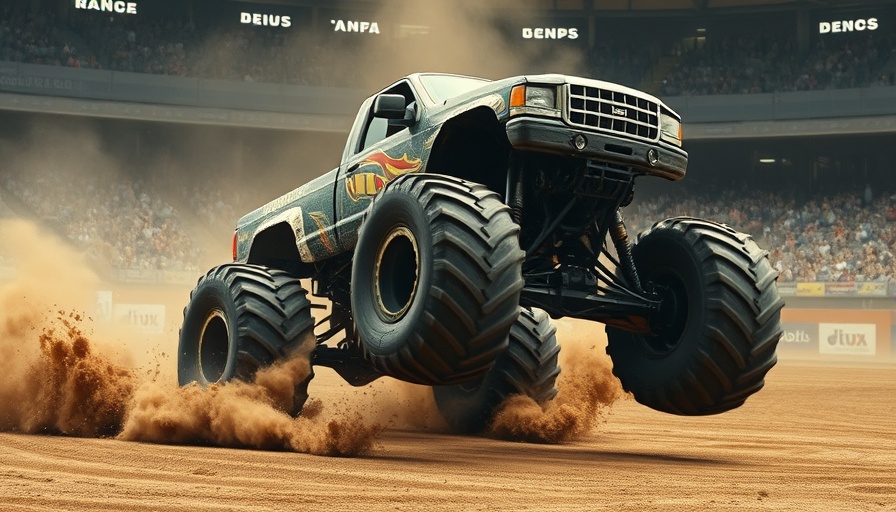 Monster truck tire breaks free during a jump in arena