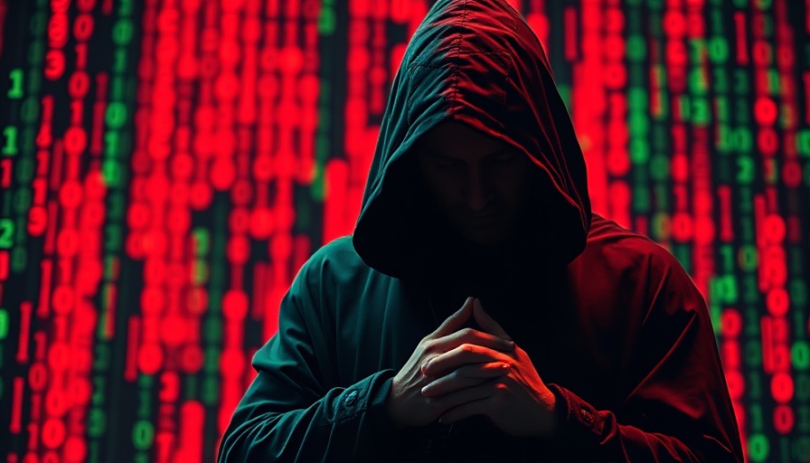 New malware variant related to Microsoft technology and bank data theft depicted by a hooded figure amidst binary code.