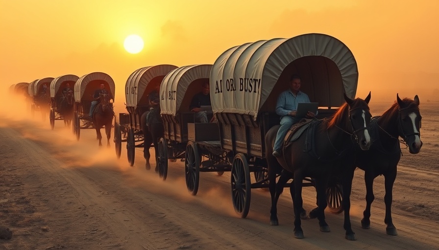 AI migration hesitation illustrated with tech-themed wagon train.