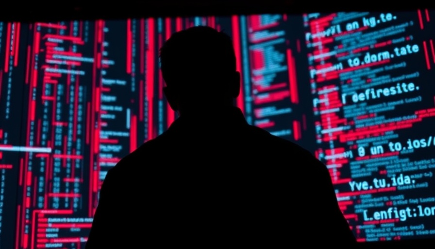 Silhouette analyzing digital code on a screen surrounded by red data.
