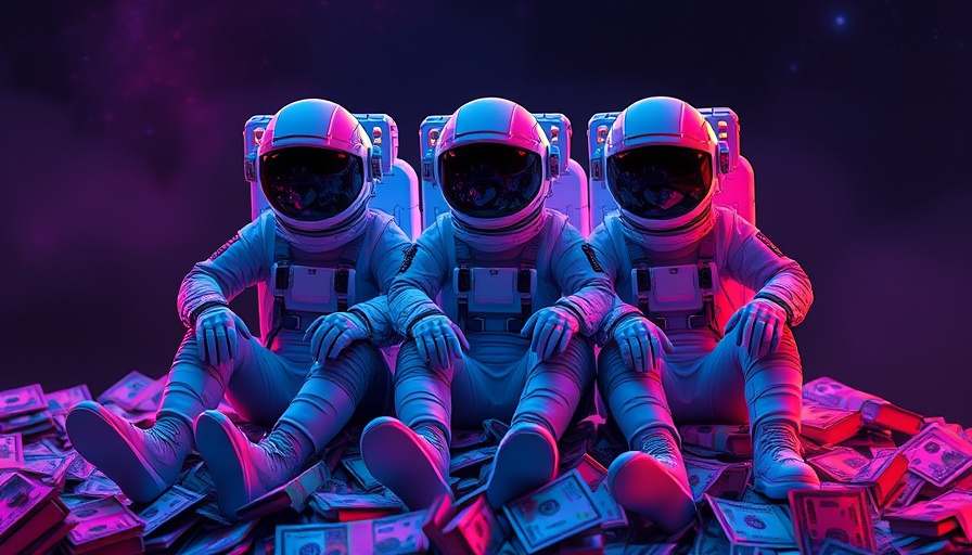 Astronauts sitting on money in vibrant neon colors illustrating cyber fraud.