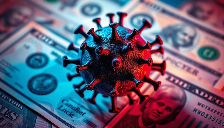 Colorful illustration of virus over money symbolizing banking malware threat.