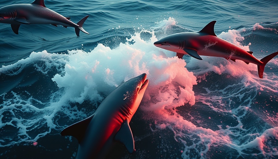 Dusky sharks attack dolphin in tumultuous ocean scene.