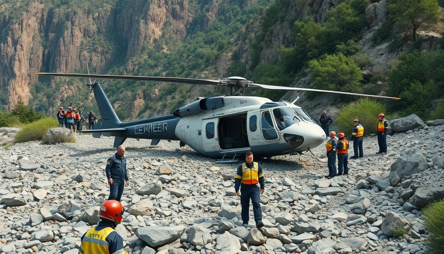 Bali helicopter crash scene with responders examining site.
