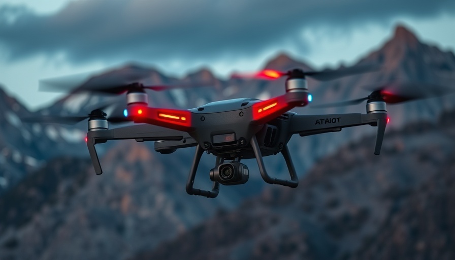 Drone in search and rescue mission over mountain, AI technology in search and rescue.