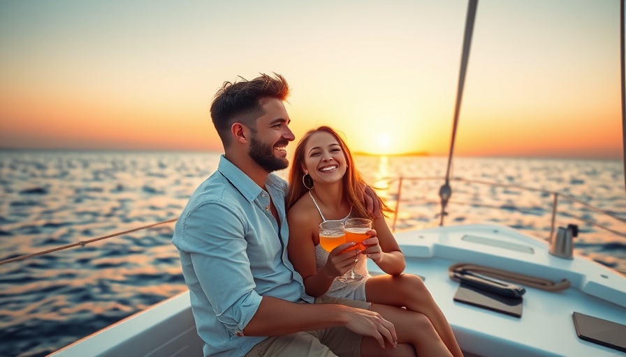 Couple enjoying sunset on first catamaran, calm seas, vibrant hues.