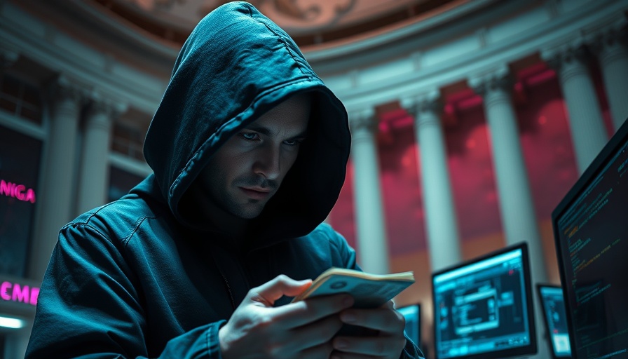 Mysterious hooded figure in cyberpunk style counting money, linked to fake millionaire scam PPP loans.
