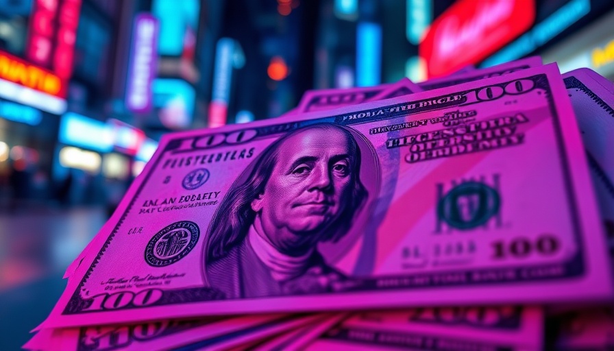 Vibrant neon-lit 100-dollar bills under blue and red lights, IRS Fraud Bank Scheme.