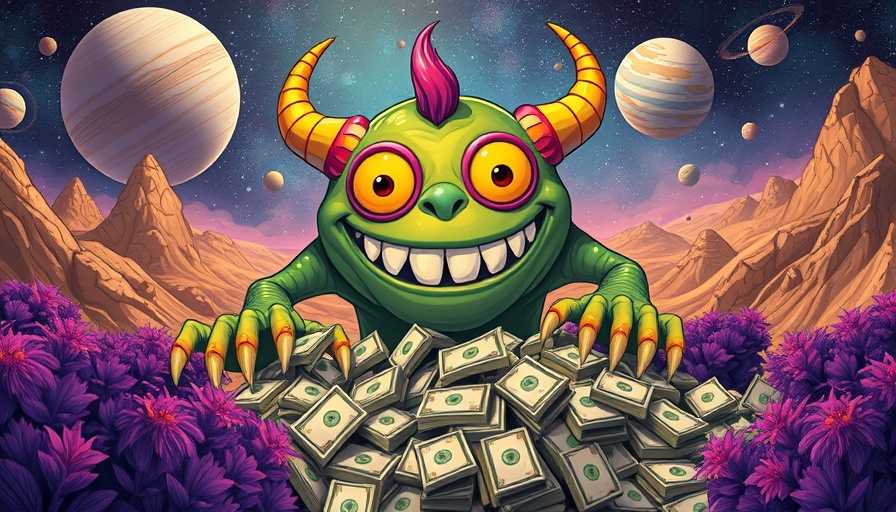 Cosmic creature amidst cash in a surreal landscape.