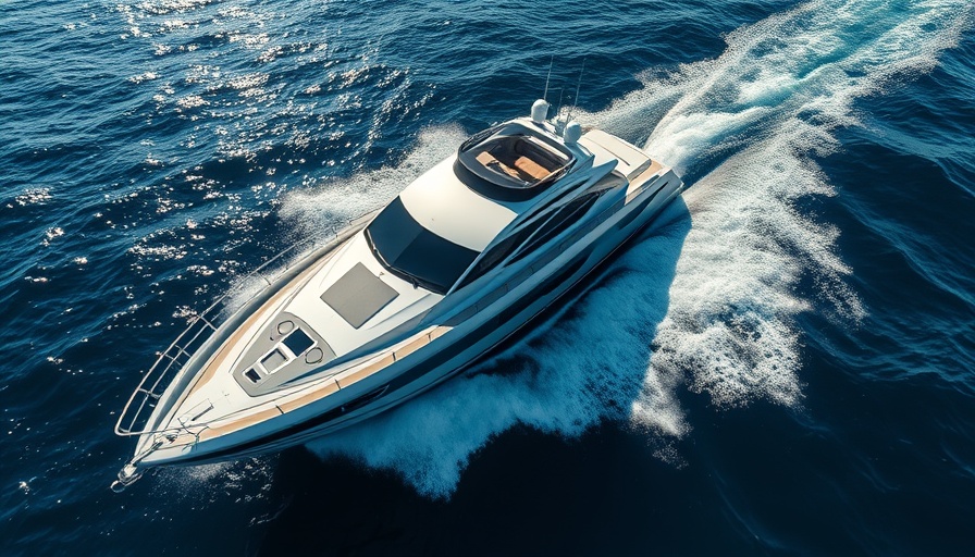 Lynx 70 Shadow for Sale: Aerial view of a sleek yacht cruising on blue ocean.