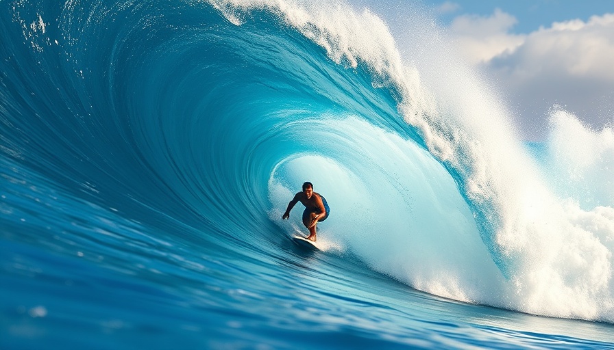 Surfer riding massive Teahupo'o wave under clear sky.