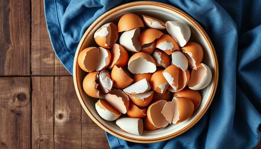 Bowl of broken eggshells on rustic table, eggshell uses.