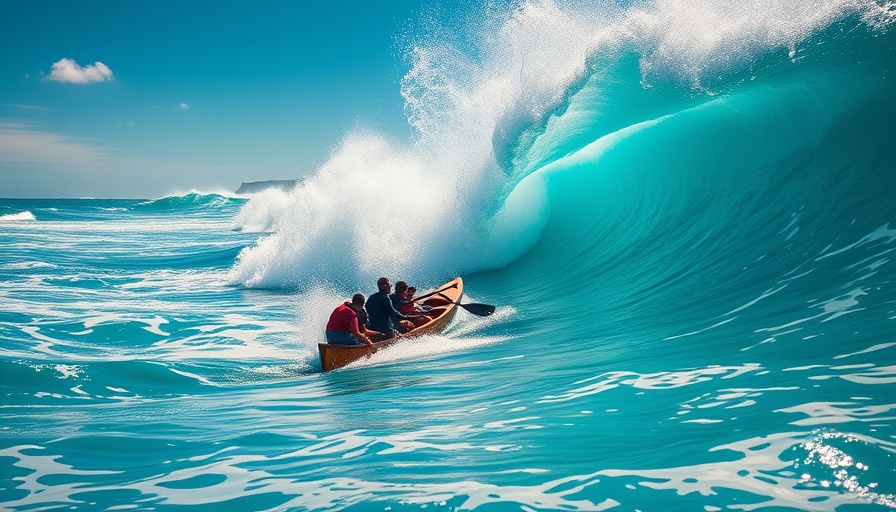 Canoe surfing wipeout on a large wave in bright turquoise sea.