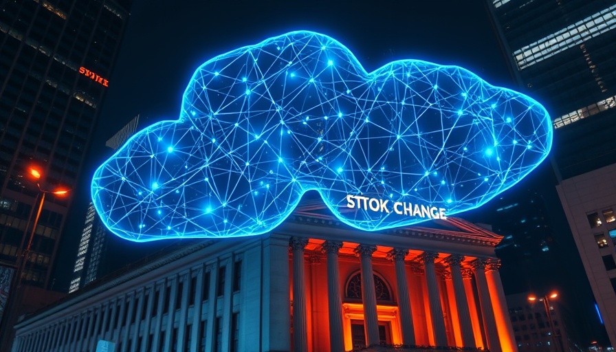 Real-time streaming data visualized as cloud over stock exchange.