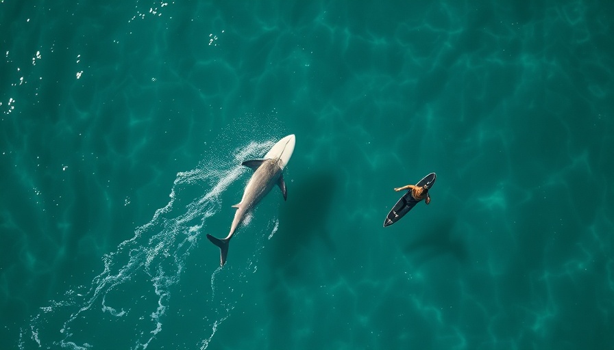 Great white shark near surfer in turquoise water, aerial view.