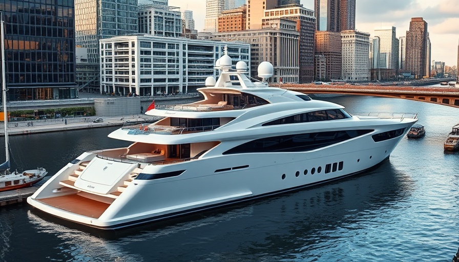 Sustainable superyacht Leviathan docked in a river with a cityscape.