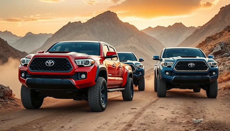 Three Toyota Tacoma trucks on a rugged off-road trail under golden sky.