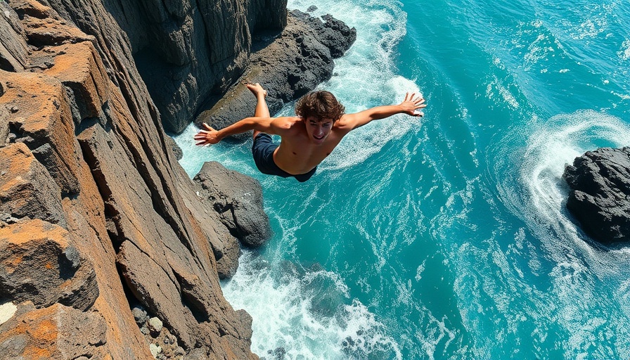 Young man cliff-diving from 70ft height into ocean in Hawaii