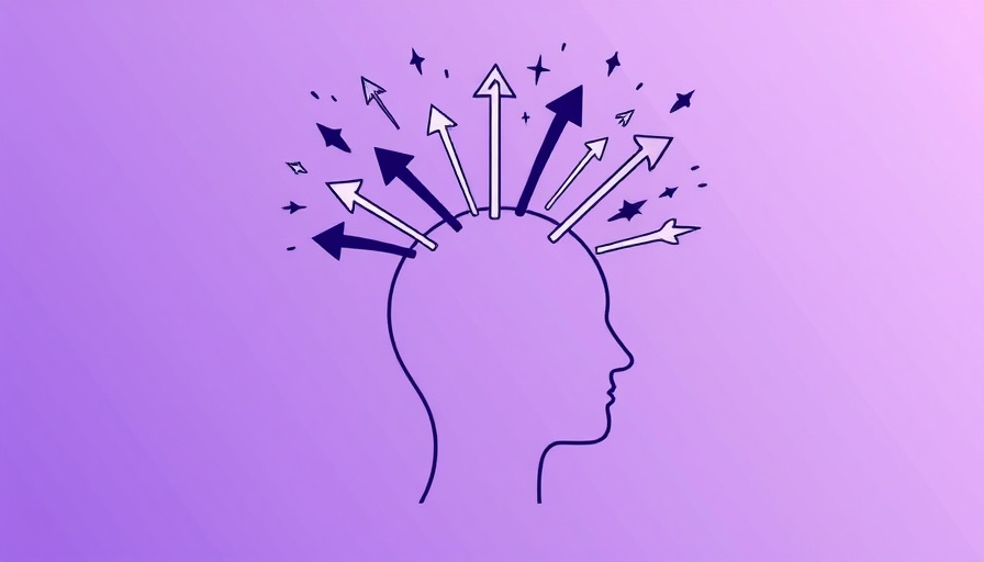 Stylized ADHD illustration with chaotic arrows on purple background.