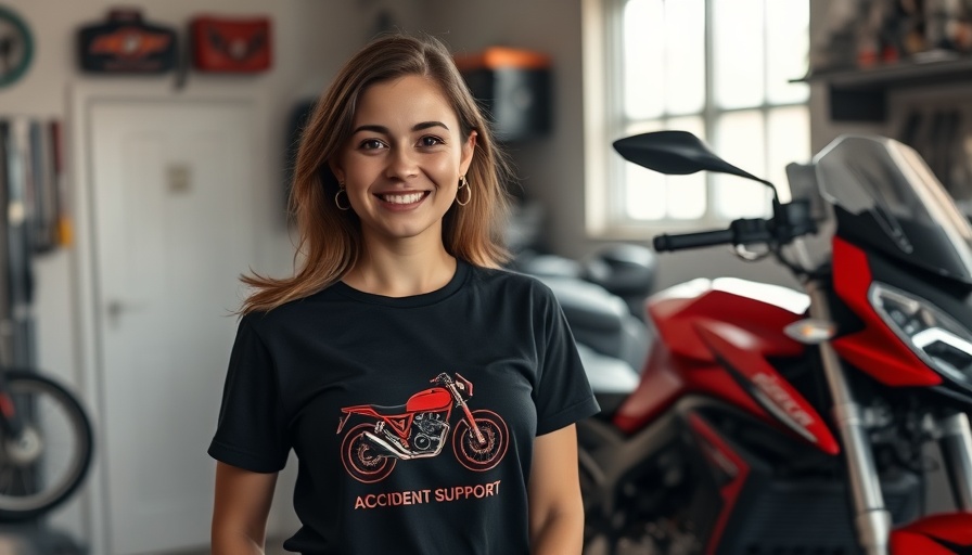 Young woman in garage supporting motorcycle accident recovery community.