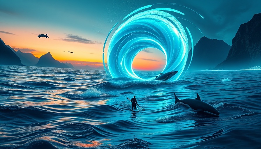 Charlie Head Vortex Crossing SUP Adventure in neon sea with dolphins and whales.