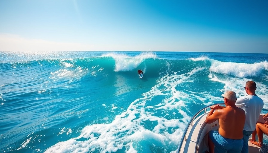 Surf retreat boat near waves for wellness experience