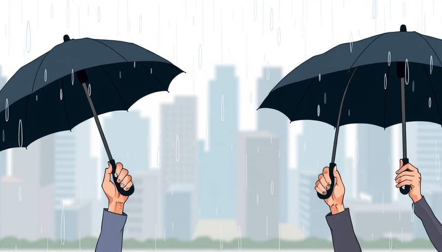Stylized umbrellas in rain, cityscape; soothing art for emotional regulation.