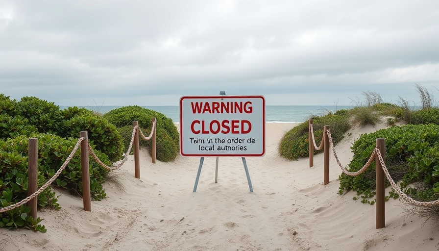 Warning sign blocking beach access with closure due to Hurricane Erin.