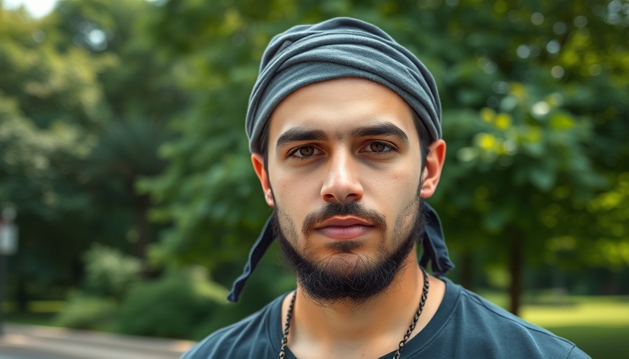 Young man with doo-rag in lush green outdoor setting.