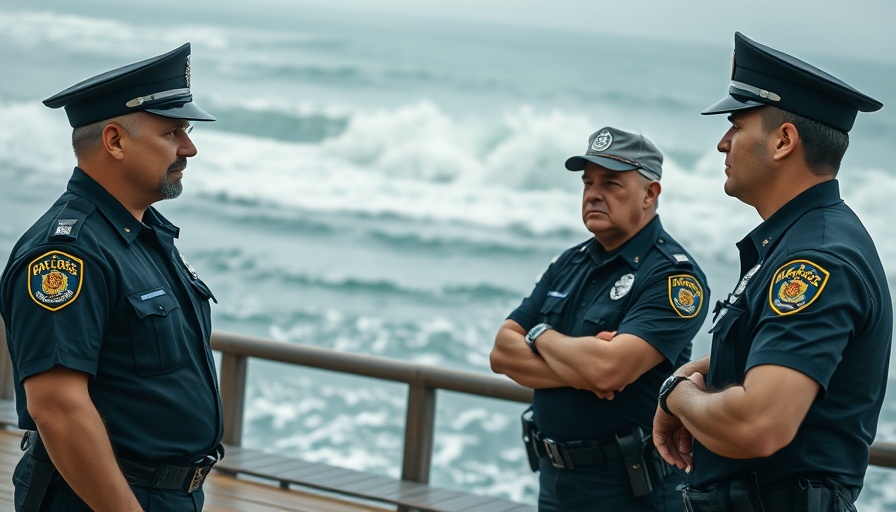 Police officers discuss beside rough sea during Hurricane Erin.