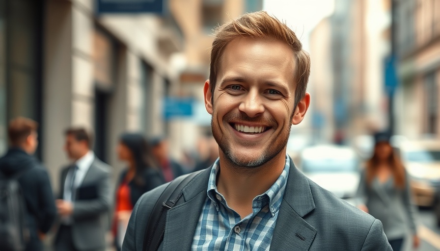 Engaged man in a navy suit smiling outdoors.