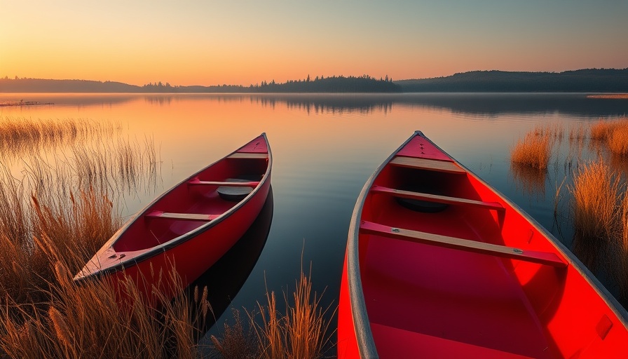 Peaceful red canoes on lake surrounded by nature at sunset.
