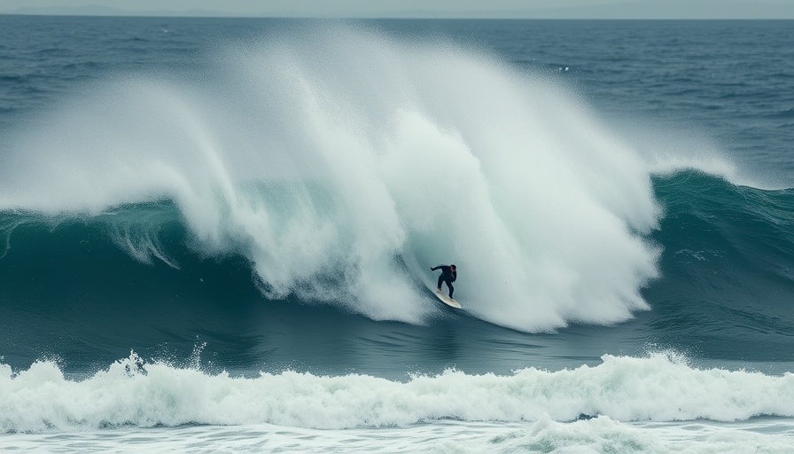 Surfers riding a massive wave at Big Wave Temple Peru.