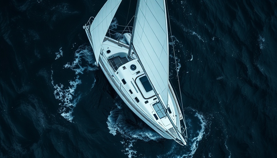 Aerial view of capsized sailing boat with sail number, emphasizing sailing safety.